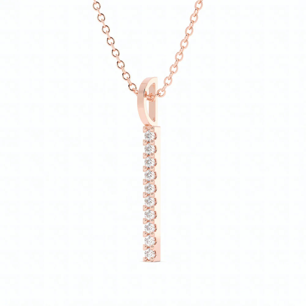 10K Rose Gold Round Natural Diamond Vertical Bar Pendant Necklace - 20 inches