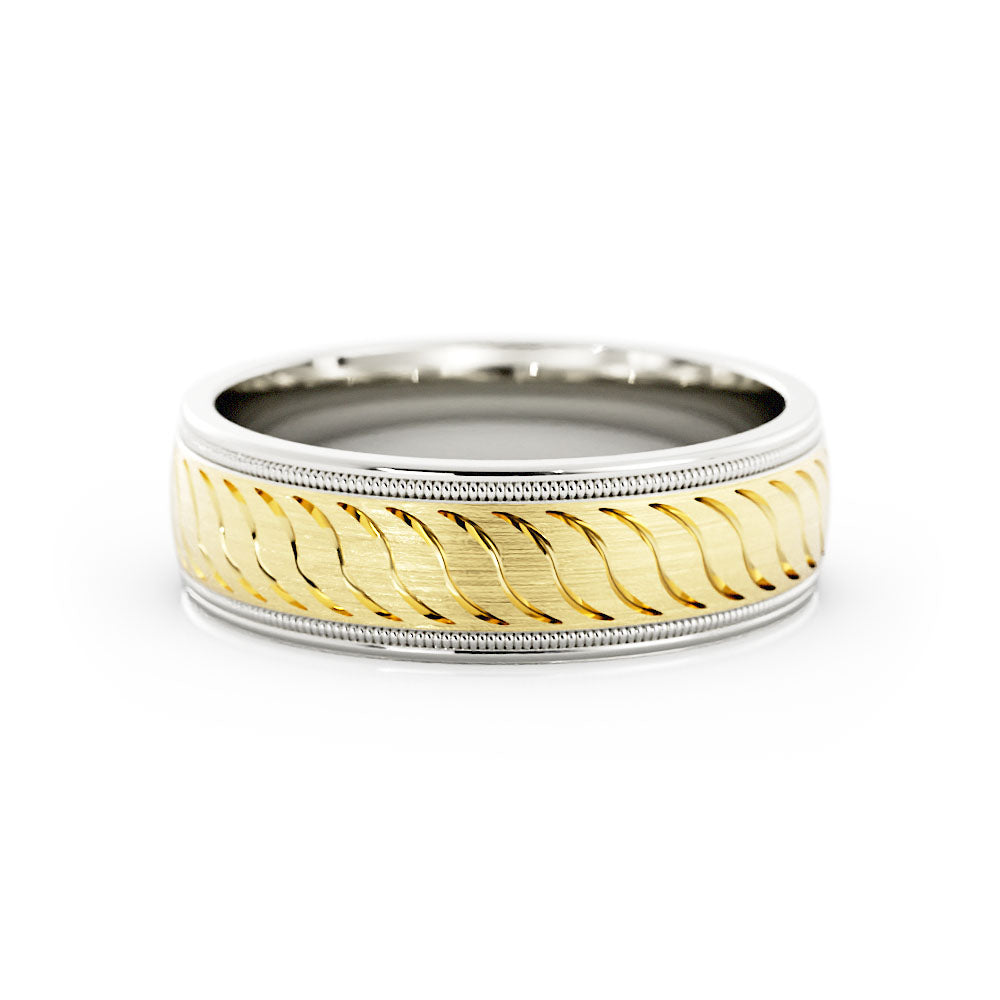 Two-Tone 10K White/Yellow Gold Satin Pattern with Milgrain Edge 6mm Wedding Band