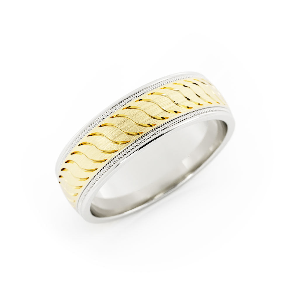 Two-Tone 10K White/Yellow Gold Satin Pattern with Milgrain Edge 6mm Wedding Band