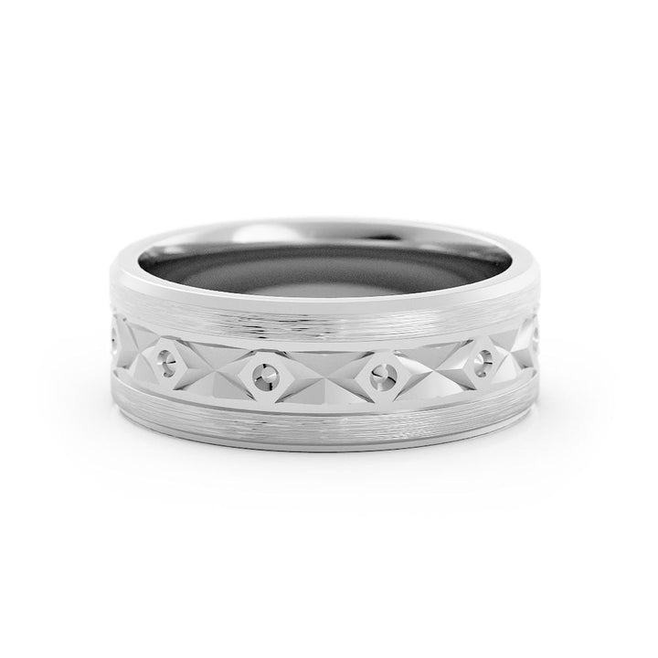 10K White Gold Satin Diamond Pattern 7mm Wedding Band