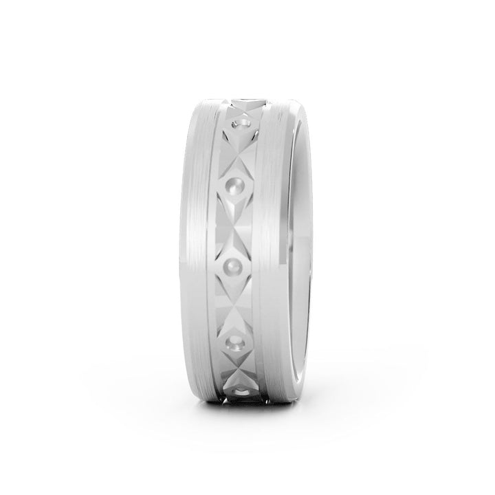 10K White Gold Satin Diamond Pattern 7mm Wedding Band