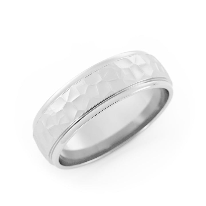 10K White Gold Hammered Elevated Center 6mm Wedding Band