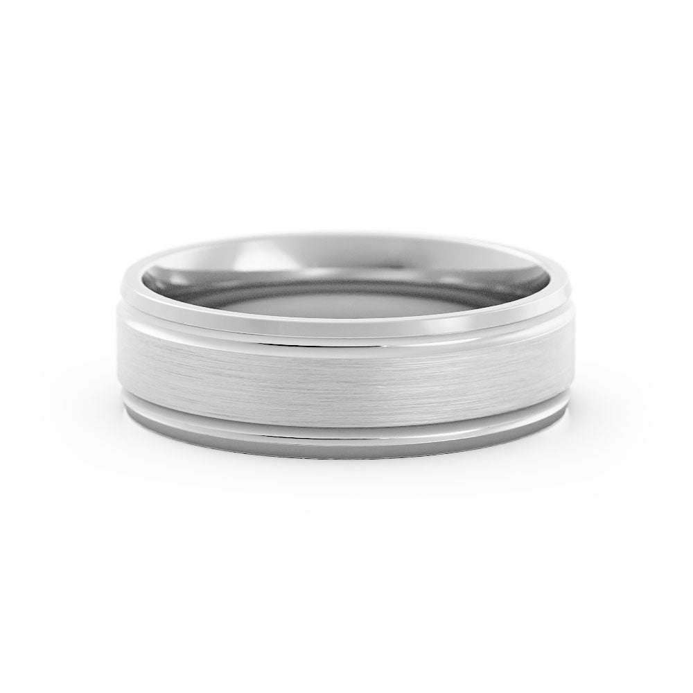 10K White Gold Satin Elevated Center with Two Grooves 6mm Wedding Band