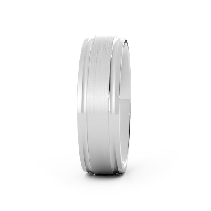 10K White Gold Satin Elevated Center with Two Grooves 6mm Wedding Band