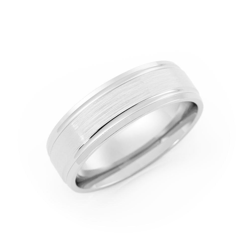 10K White Gold Satin Elevated Center with Two Grooves 6mm Wedding Band