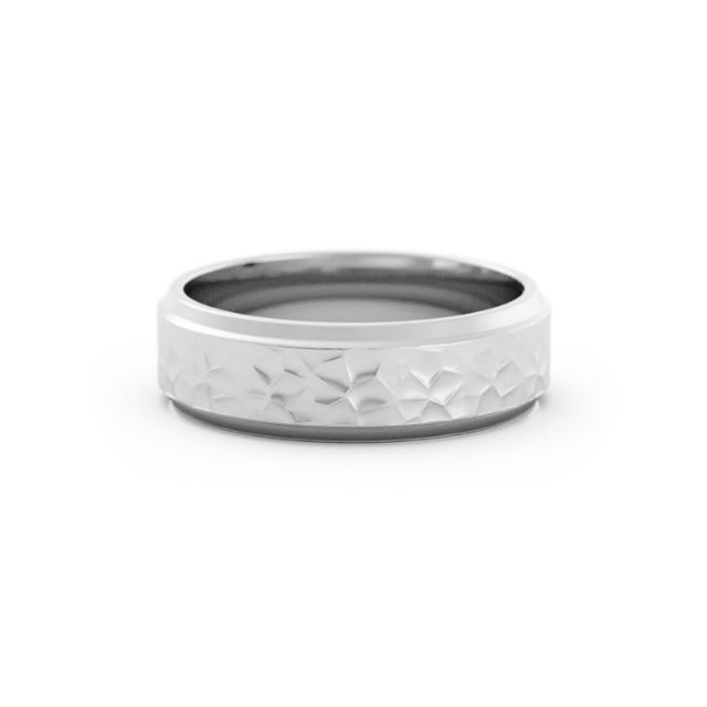 10K White Gold Hammered Flat with Double Beveled Edge 6mm Wedding Band