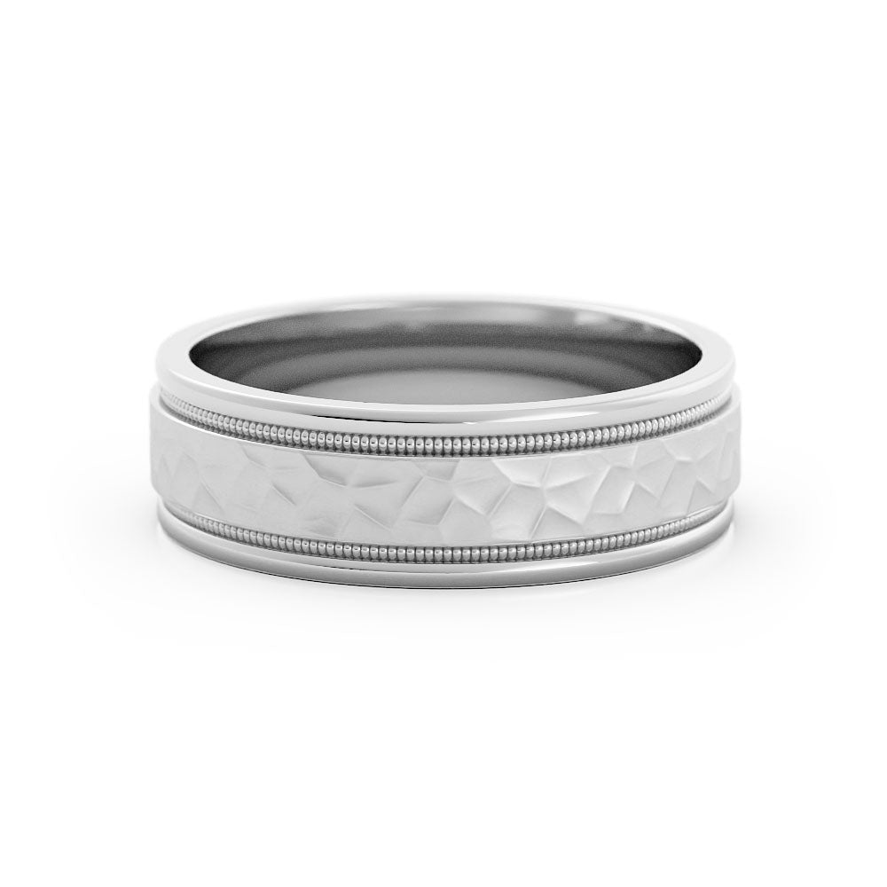 10K White Gold Hammered Flat with Milgrain 6mm Wedding Band