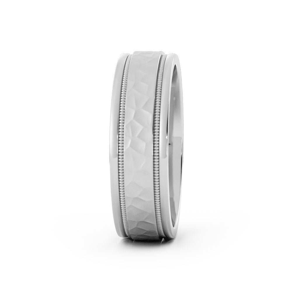 10K White Gold Hammered Flat with Milgrain 6mm Wedding Band