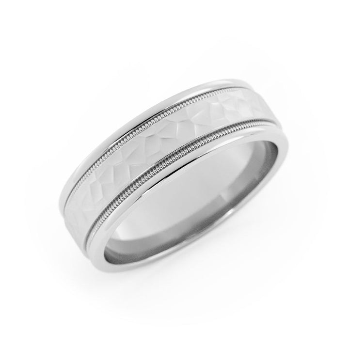 10K White Gold Hammered Flat with Milgrain 6mm Wedding Band