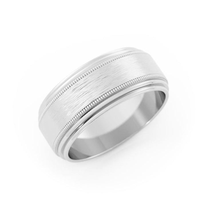 10K White Gold Satin Milgrain with Double Outside Groove 8mm Wedding Band