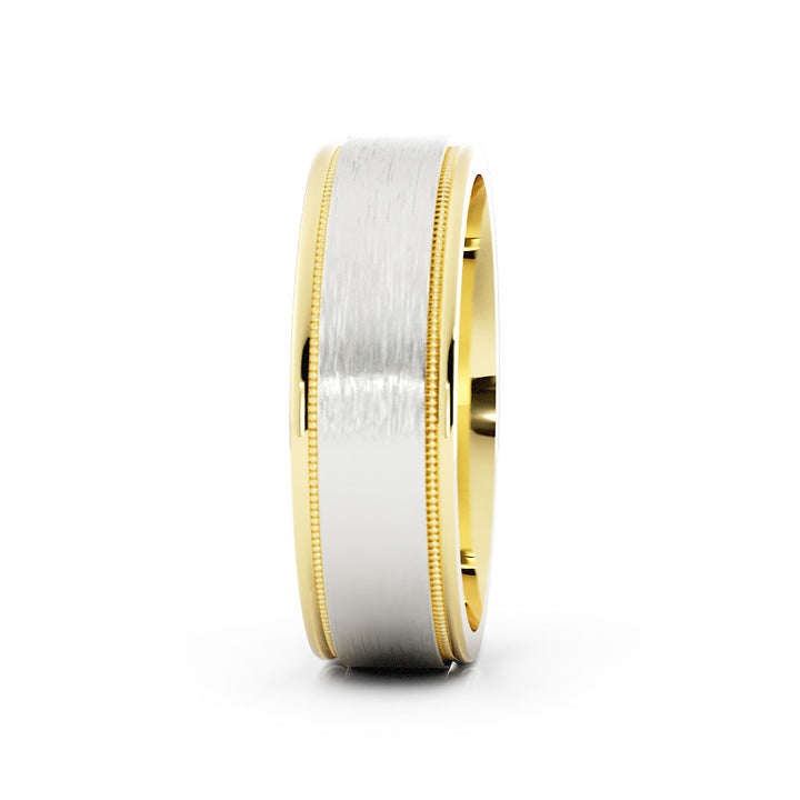 Two-Tone 10K Yellow/White Gold Satin Flat with Milgrain Edge 6mm Wedding Band