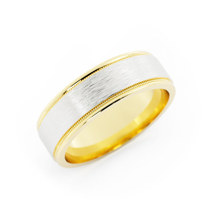 Two-Tone 10K Yellow/White Gold Satin Flat with Milgrain Edge 6mm Wedding Band