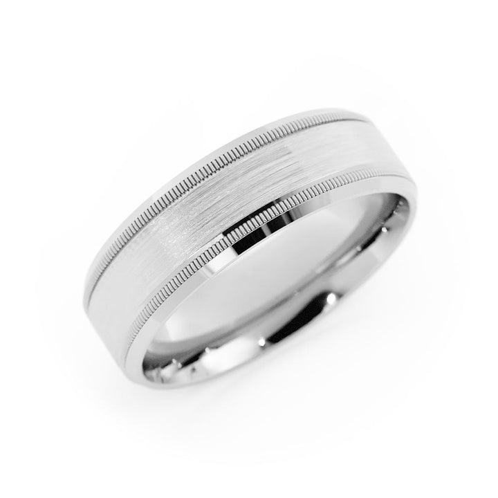 14K White Gold Satin Milgrain Center with Slanted Edge 6mm Wedding Band