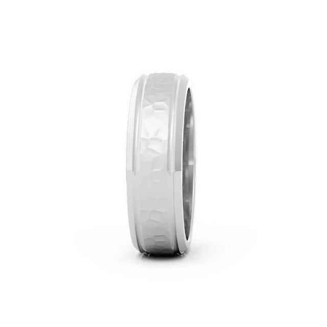 14K White Gold Hammered Outside Groove with Beveled Edge 6mm Wedding Band