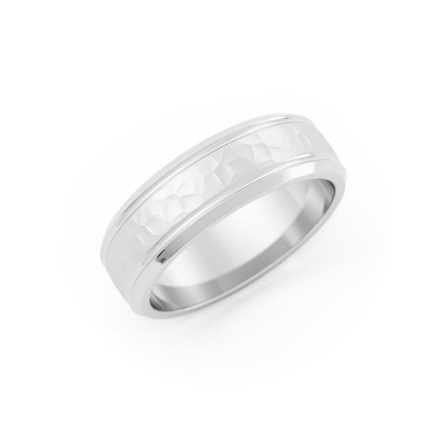 14K White Gold Hammered Outside Groove with Beveled Edge 6mm Wedding Band