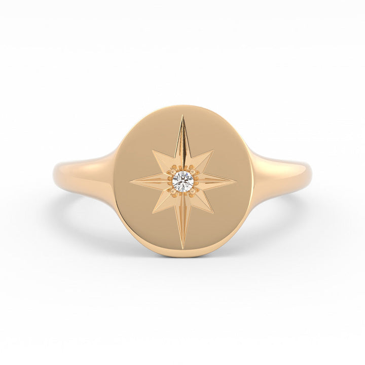 14K Yellow Gold Oval Starburst Lab Grown Diamond Signet Ring