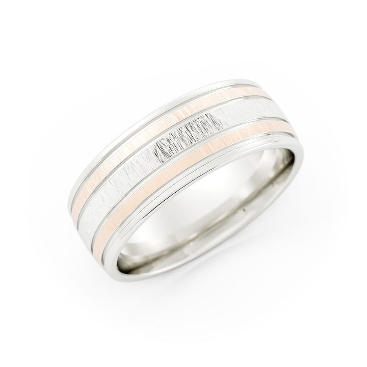 Two-Tone 18K White/Rose Gold Vertical Brush Double Inside Groove 7mm Wedding Band