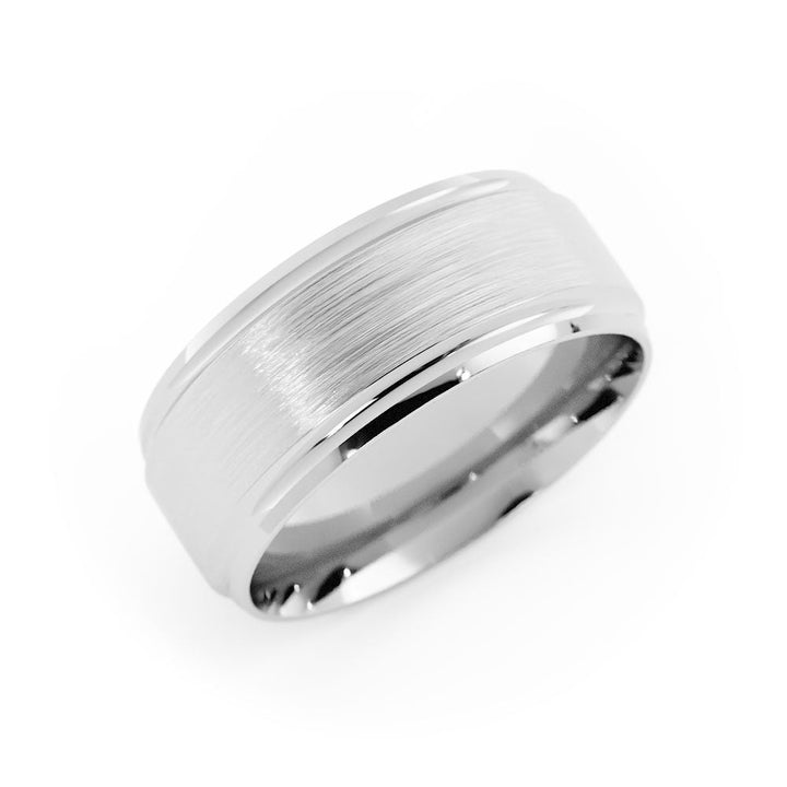 18K White Gold Satin Elevated Center with Two Grooves 8mm Wedding Band