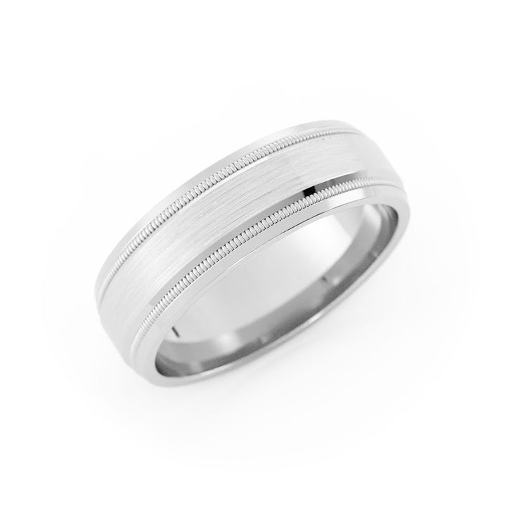 18K White Gold Satin Milgrain Center with Slanted Edge 6mm Wedding Band