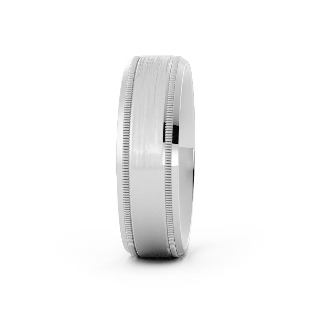 18K White Gold Satin Milgrain Center with Slanted Edge 6mm Wedding Band