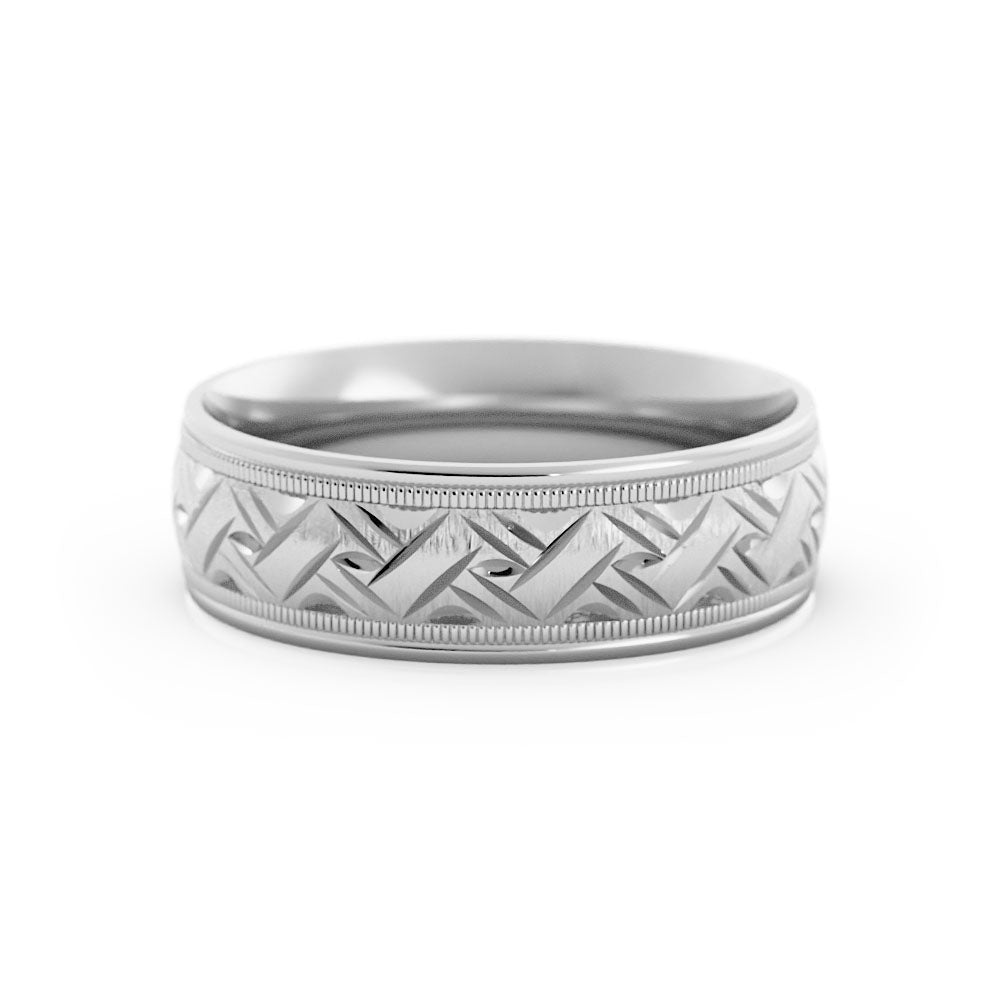 18K White Gold Rugged Sandblast Milgrain Edge with Weave Pattern 6mm Wedding Band