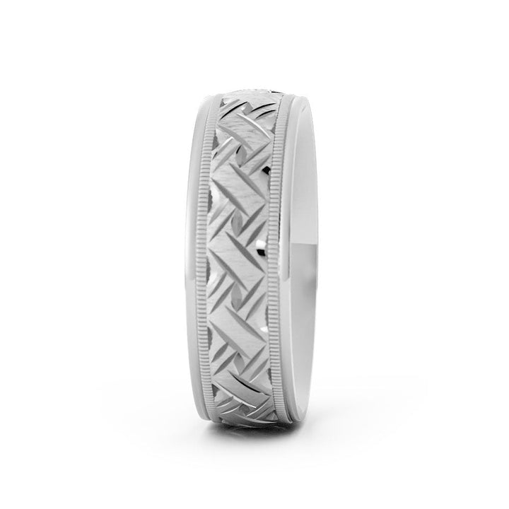 18K White Gold Rugged Sandblast Milgrain Edge with Weave Pattern 6mm Wedding Band