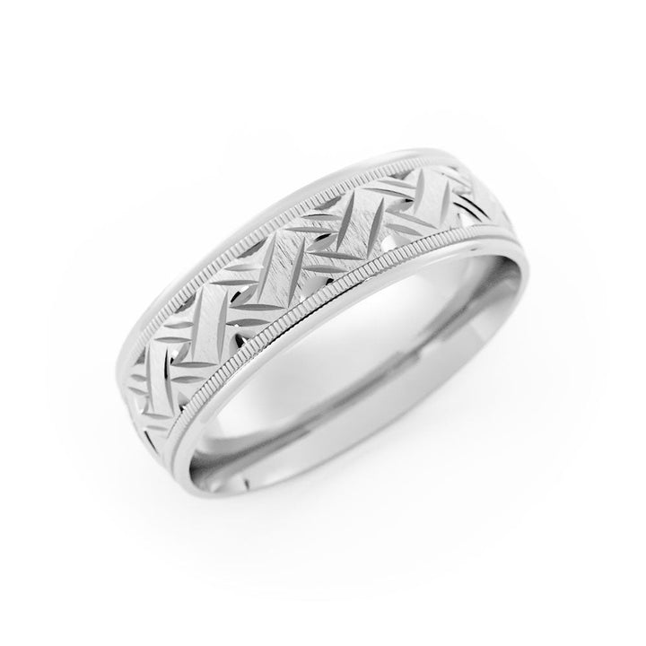 18K White Gold Rugged Sandblast Milgrain Edge with Weave Pattern 6mm Wedding Band