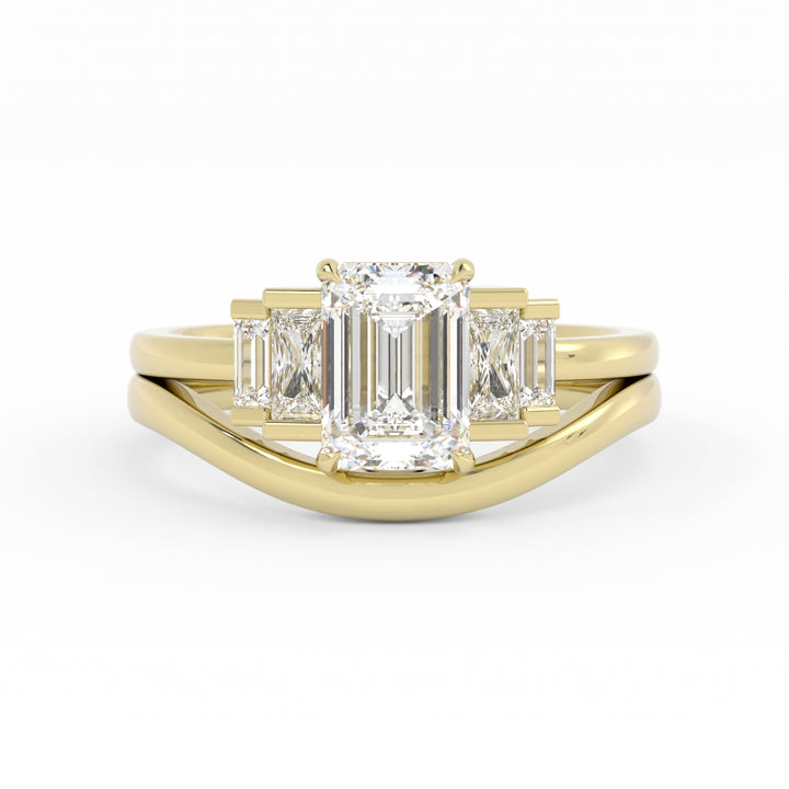 50% Down Payment, 14K Yellow Gold, Emerald Cut Moissanite Center, Moissanite, Sapphire, and Blue Topaz Melee, Custom Wedding Set