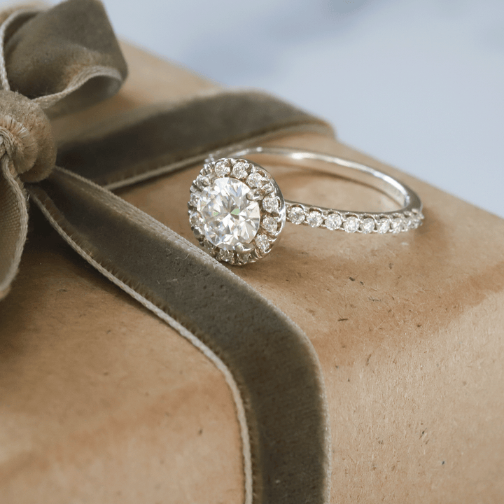 1.0ct Moissanite Pave Halo 14K White Gold Engagement Ring