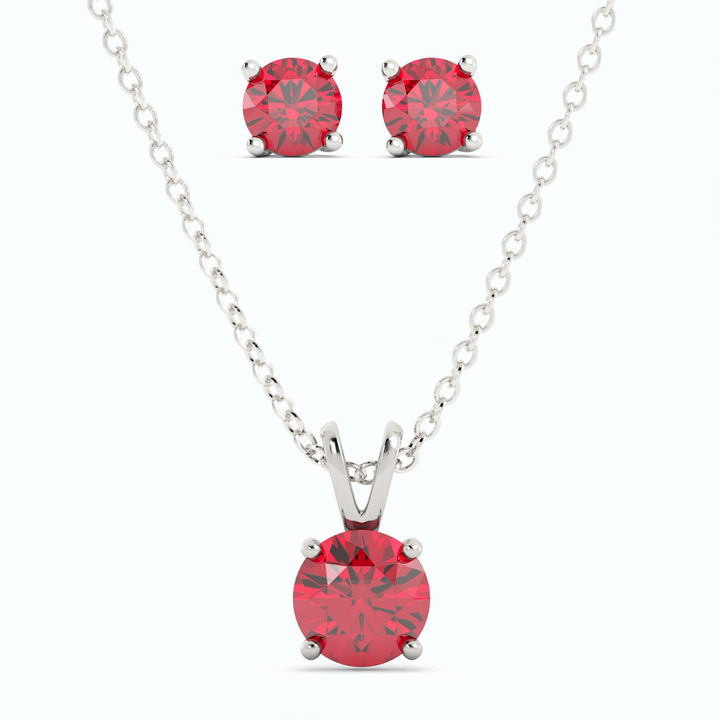 Ruby Earrings and Pendant Set 2.76 c.t. t.w. (Lab Grown Ruby, Pendant 6.5 mm 1.46 ct., Earrings 5 mm 0.65 ct. Each) 18K White Gold Plating-1