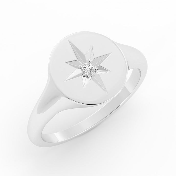 Sterling Silver Oval Starburst Natural Diamond Signet Ring