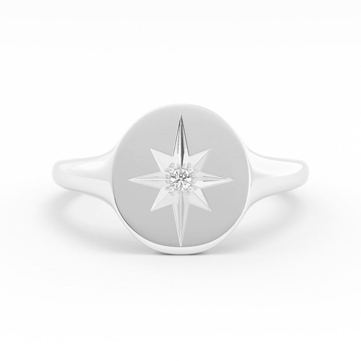 Sterling Silver Oval Starburst Natural Diamond Signet Ring